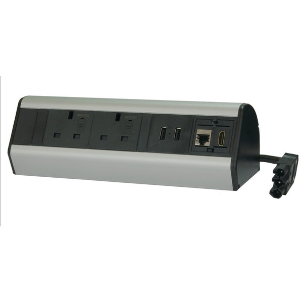 DP14S2U2HL - Desktop Power Module - 2 fused Sockets 2 USB 1 RJ45 1 HDMI  w/ 2m GST18 Cable (Black, White) - UK Ergonomics